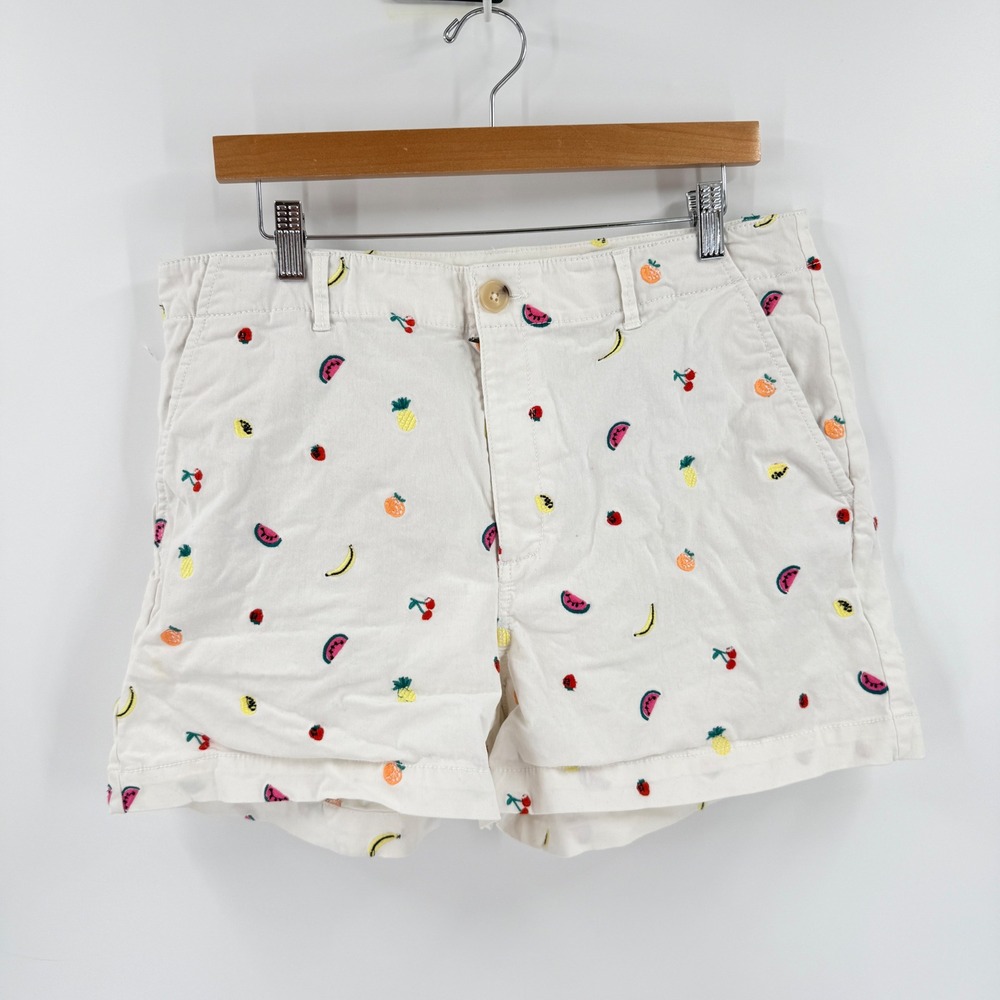 LOFT Chino Shorts White Size 12 Fruit Embroidered Summer Tropical Preppy Fun